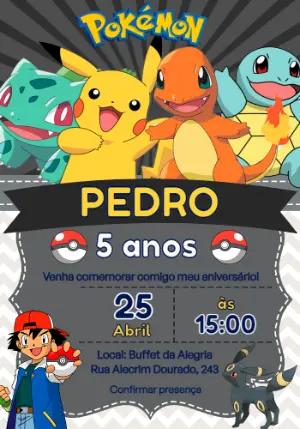 Convite de Aniversário Pokémon com Pikachu Editável