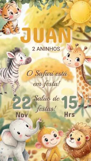 Convite de Aniversário Safari Baby Aquarela para Editar