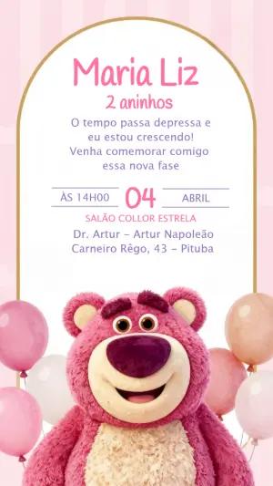 Convite de Aniversário Ursinho Lotso Rosa para Editar
