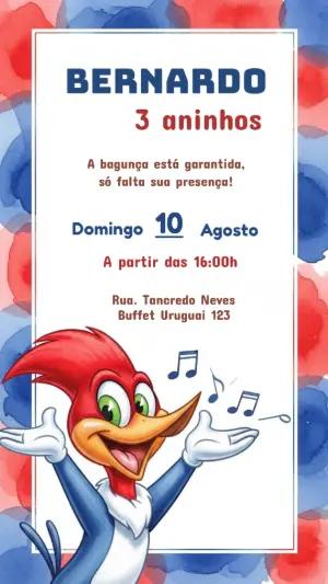 Convite de Aniversário Pica-Pau com Fundo Aquarela para Editar