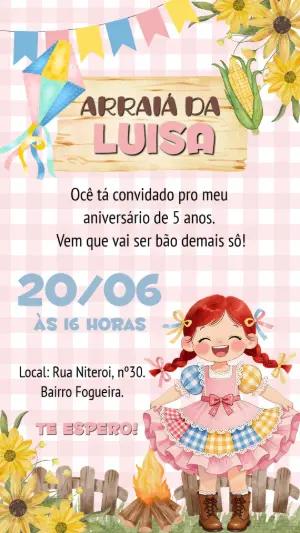 Convite Festa Junina Infantil Menina Caipira para Editar