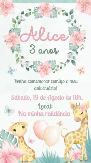 Convite Digital Aniversário Menina Girafa Aquarela Editável