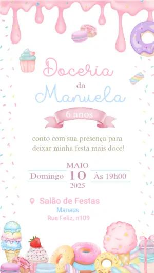 Convite Aniversário Doceria Editável com Doces e Guloseimas