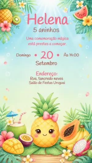 Convite de Aniversário Festa Tropical com Frutas Editável