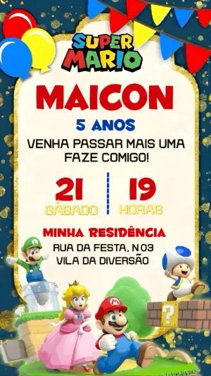 Convite de Aniversário Super Mario Colorido para Editar