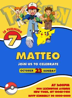 Editable Pokémon Birthday Invitation Template with Ash & Pikachu