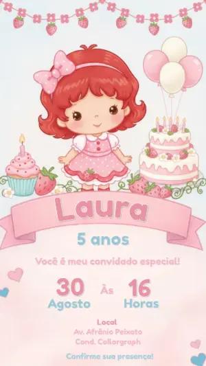 Convite de Aniversário Tema Moranguinho Fofo para Editar