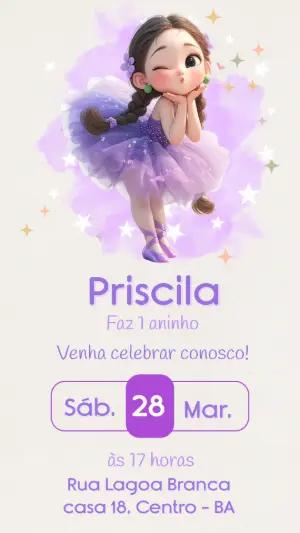 Convite de Aniversário Bailarina Lilás Delicado para Editar