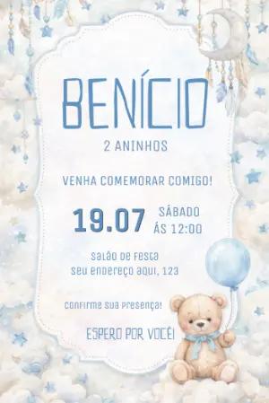 Convite de Aniversário Ursinho nas Nuvens Modelo Editável