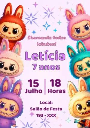 Convite Aniversário Labubu com Bonecos Fofos para Editar Online