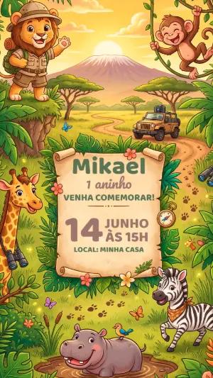 Convite Digital Aniversário Infantil Tema Safari Editável