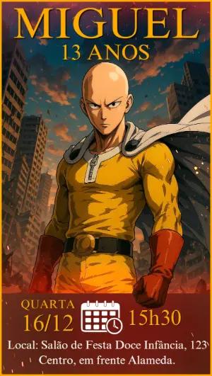 Convite de Aniversário One Punch Man com Saitama para Editar