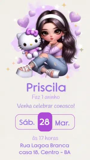 Convite de Aniversário Hello Kitty e Boneca Lilás para Editar