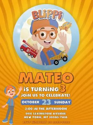 Blippi Birthday Invitation with Fun Vehicles to Edit Online