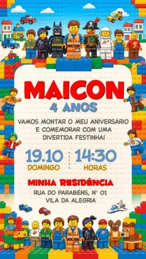 Convite de Aniversário Infantil Lego: Modelo Digital Editável