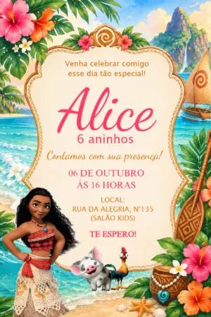 Convite de Aniversário Moana Tropical: Modelo Digital Editável
