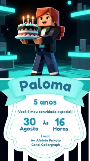 Convite de Aniversário Menina Gamer Estilo Blocos Editável
