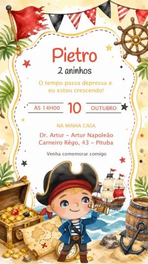 Convite de Aniversário Pirata Infantil Aquarela Editável