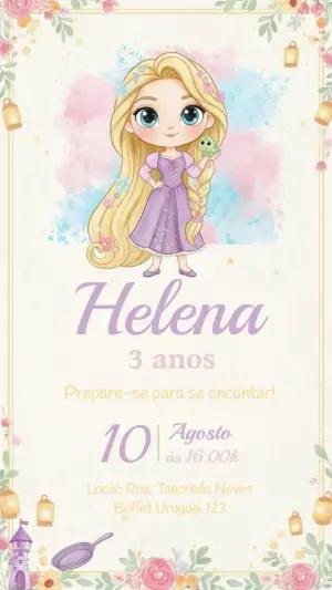 Convite de Aniversário Rapunzel Aquarela para Editar Online