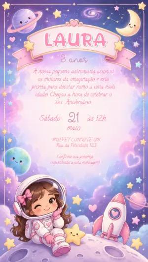 Convite Digital Festa Espacial Astronauta Menina Editável