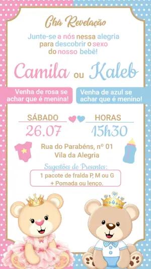 Convite Chá Revelação Ursinhos Príncipe e Princesa Editável