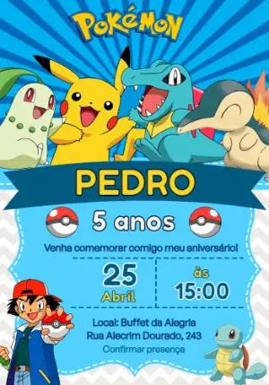 Convite de Aniversário Pokémon com Pikachu e amigos para editar