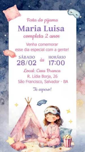 Convite Editável Festa do Pijama Aquarela Noite Estrelada