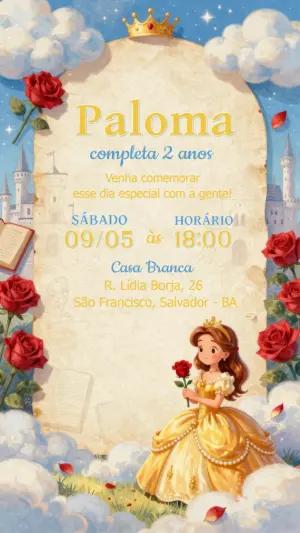 Convite de Aniversário Princesa Bela Conto de Fadas Editável