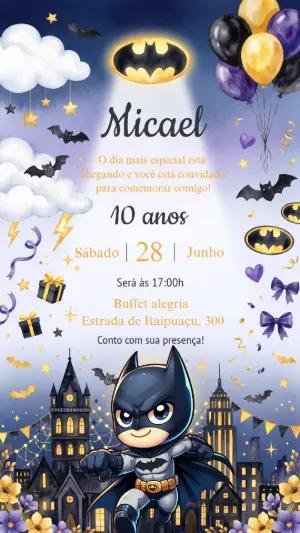 Convite de Aniversário Batman Fofo Aquarela para Editar
