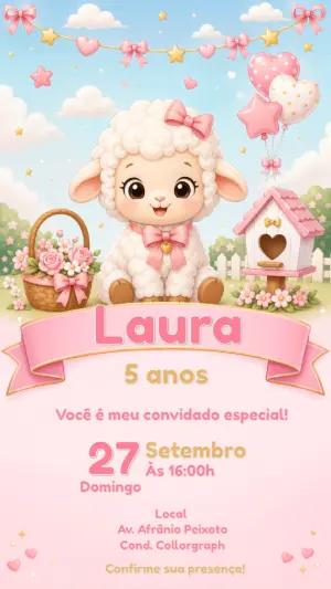 Convite de Aniversário Ovelhinha Rosa | Modelo Editável
