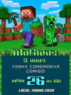 Convite de Aniversário Minecraft Pixelado para Editar