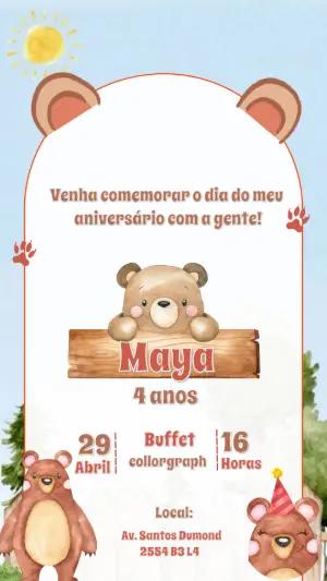 Convite de Aniversário Ursinho Fofo para Editar Online