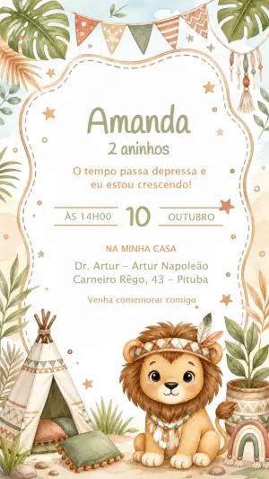 Convite Editável Aniversário Leãozinho Boho Aquarela