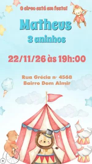 Convite de Aniversário Circo Aquarela Infantil para Editar