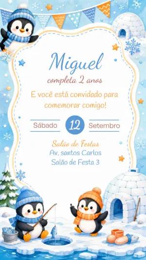 Convite de Aniversário Pinguim no Gelo | Modelo Digital Editável