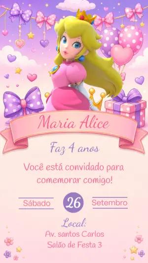 Convite de Aniversário Princesa Peach para Editar Online