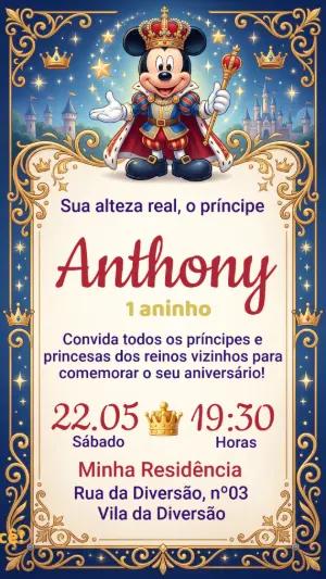 Convite Aniversário Mickey Realeza Azul e Dourado Editável