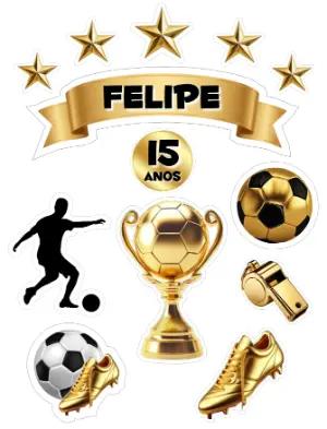 Topo de Bolo Futebol Preto e Dourado Editável para Festa