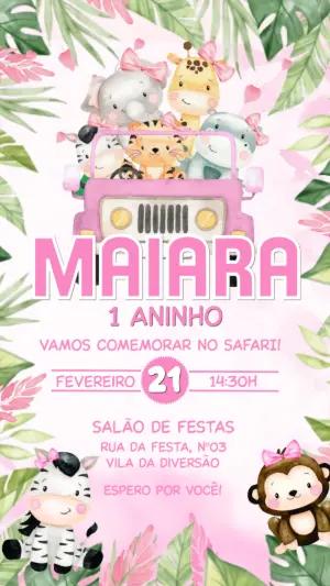 Convite de Aniversário Safari Menina Aquarela para Editar