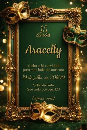 Convite de 15 Anos Baile de Máscaras Verde e Dourado Editável
