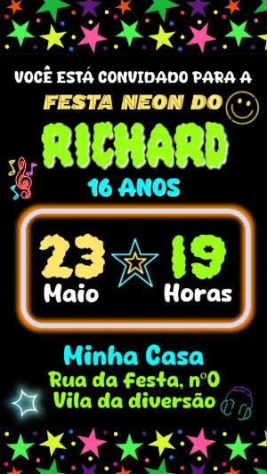 Convite Digital Festa Neon Aniversário Colorido Editável
