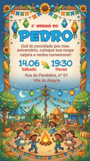 Convite de Aniversário Festa Junina Infantil Colorido para Editar