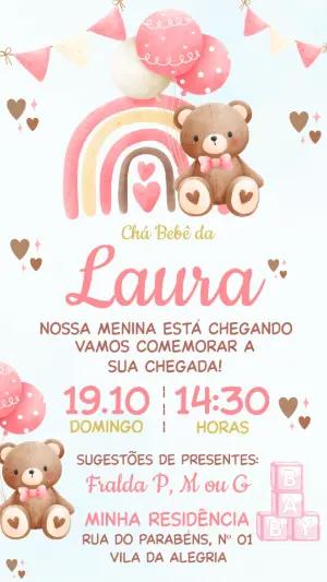 Convite Chá de Bebê Ursinha Rosa com Arco-Íris Modelo Editável
