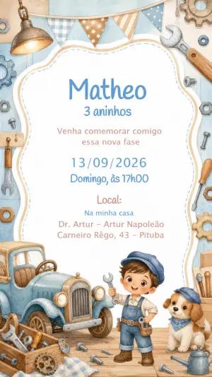 Convite Editável Aniversário Infantil Oficina Mecânica