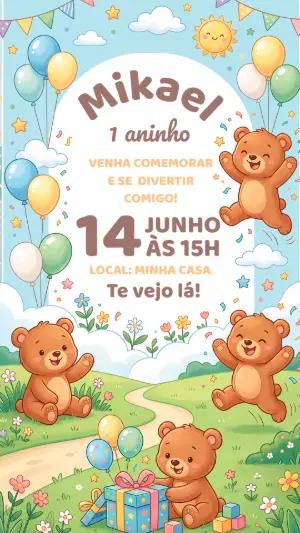 Convite de Aniversário Ursinho Fofo Modelo Digital Editável