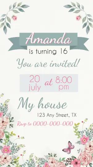 Editable 16th Birthday Invitation with Floral Watercolor Design