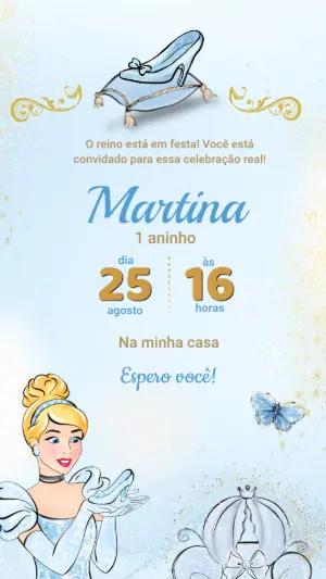Convite de Aniversário Cinderela Princesa Azul e Dourado Editável