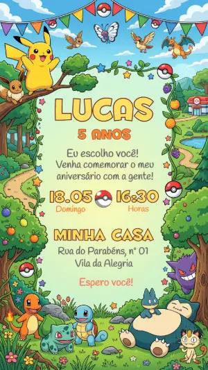 Convite de Aniversário Pokémon Infantil para Editar Online