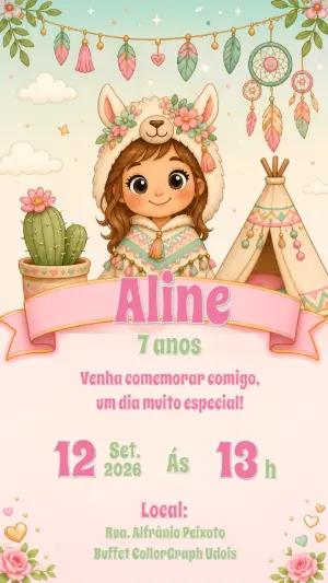 Convite de Aniversário Lhama Boho com Cactos para Editar