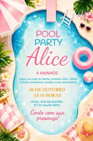 Convite de Aniversário Festa na Piscina Menina para Editar